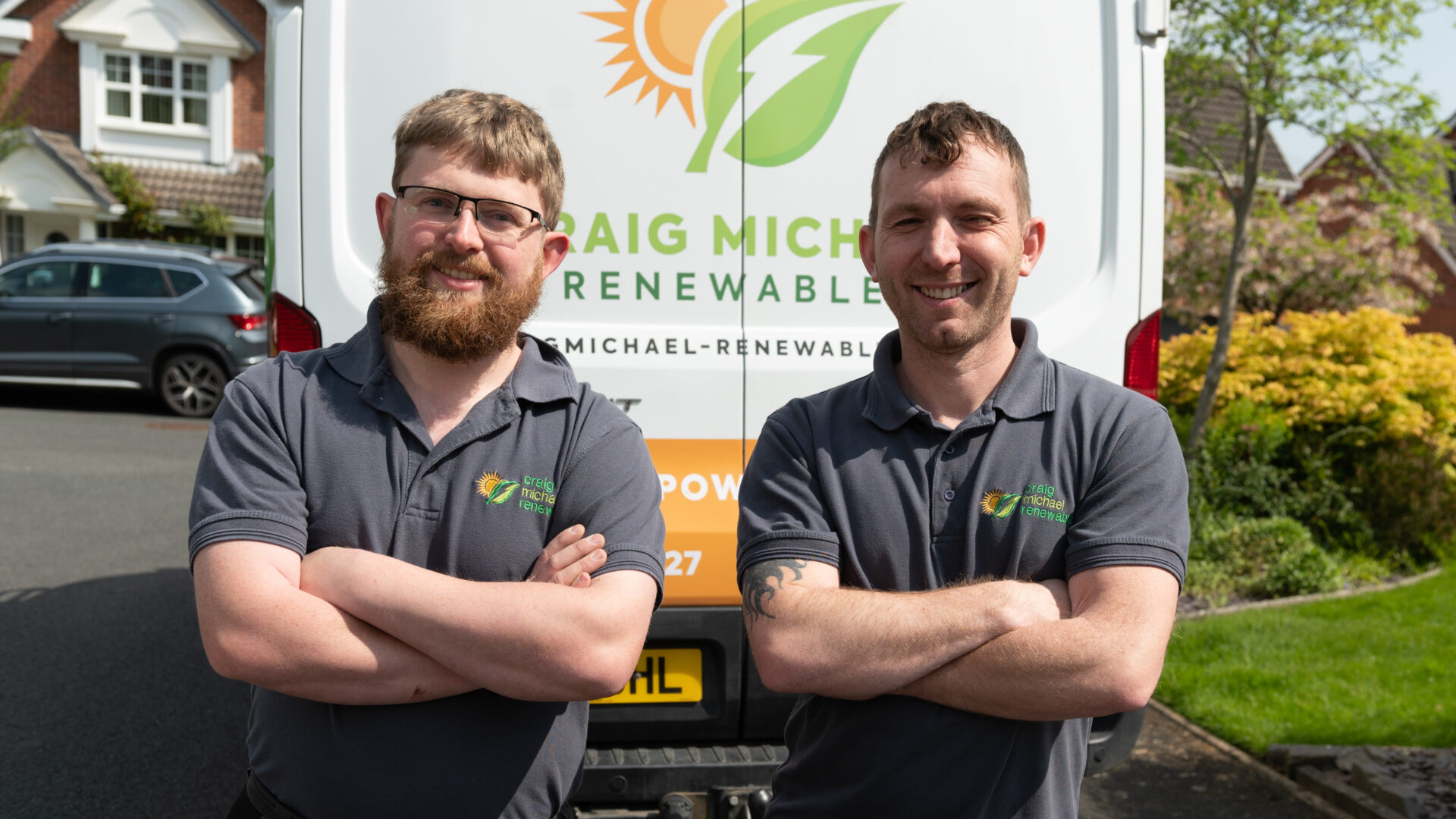 Craig Michael Renewables, Bernie & Craig posed, outside van.