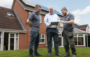 Three men stood outside of a house with solar PV installed.